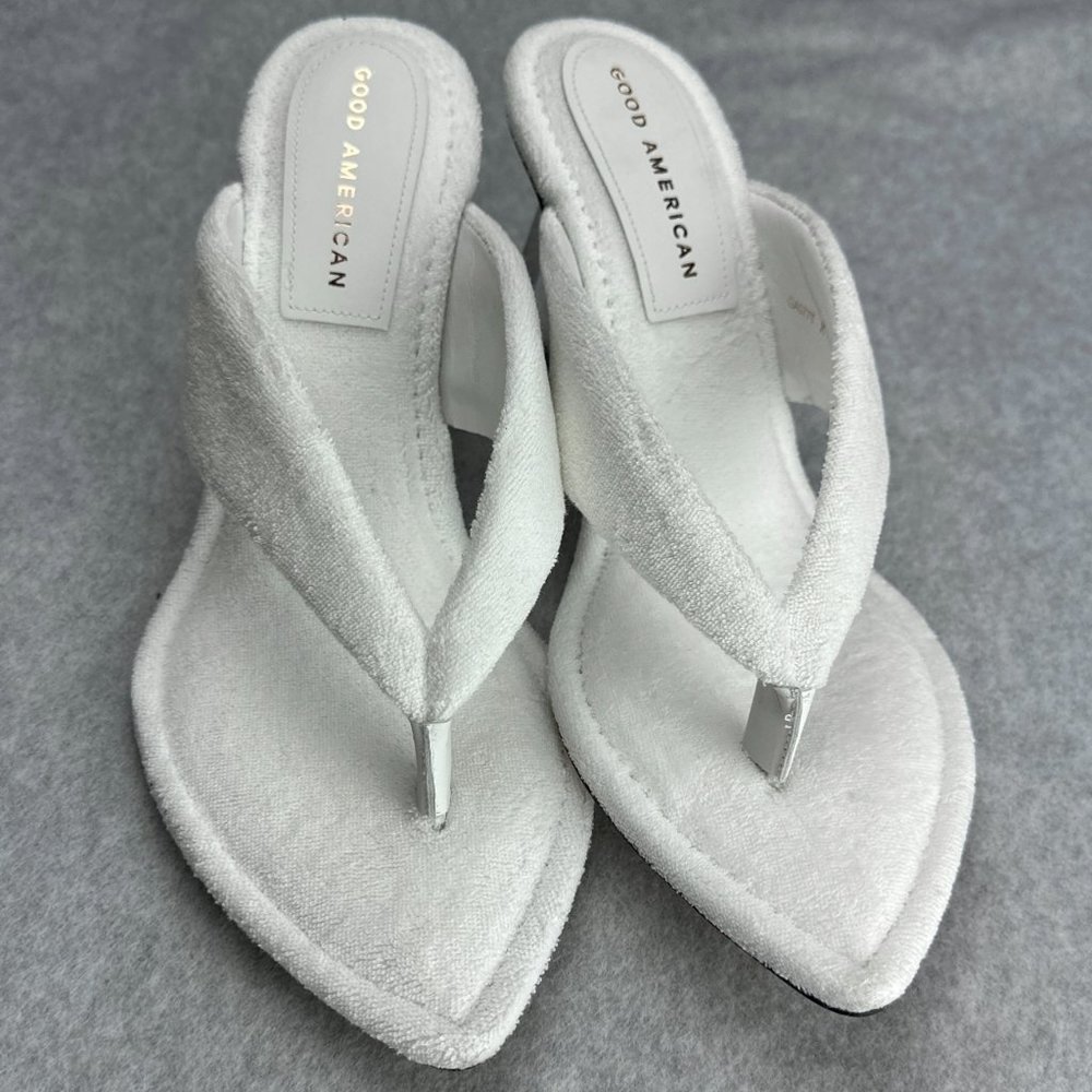 New Good American White Terry Lucite Wedge Sandal Size 10.5 Runs Small